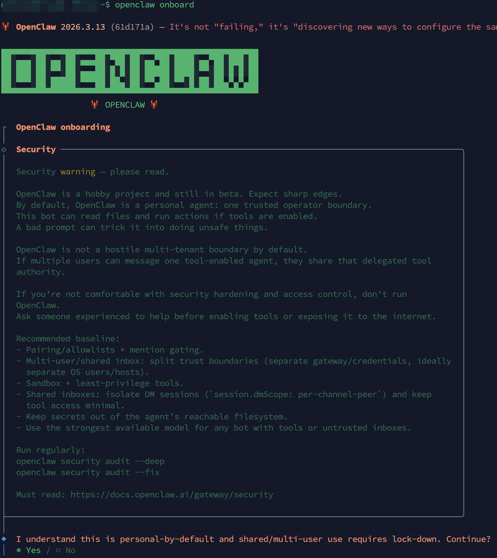 Предупреждение о бета-версии openclaw onboard