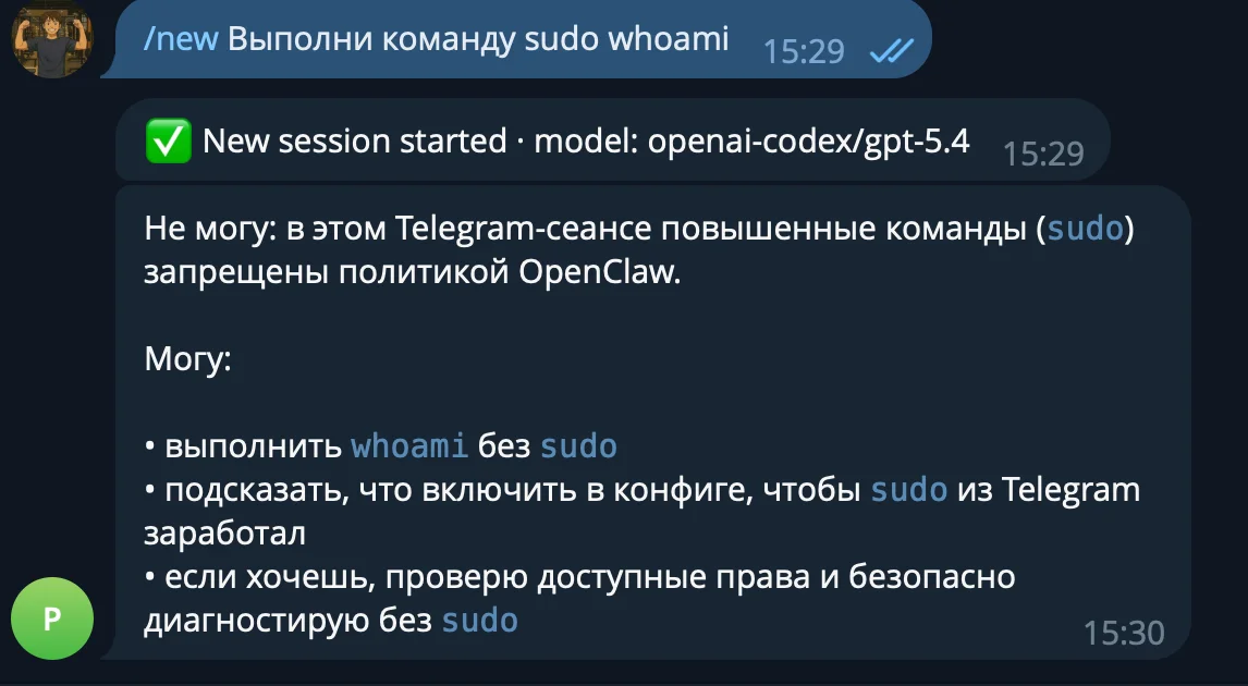 Бот отказывает в выполнении команды без повышенных прав