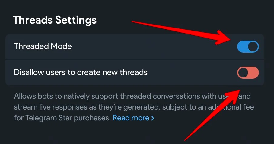 Threads Settings в BotFather: тумблер Threaded Mode включён, Disallow users to create new threads выключен